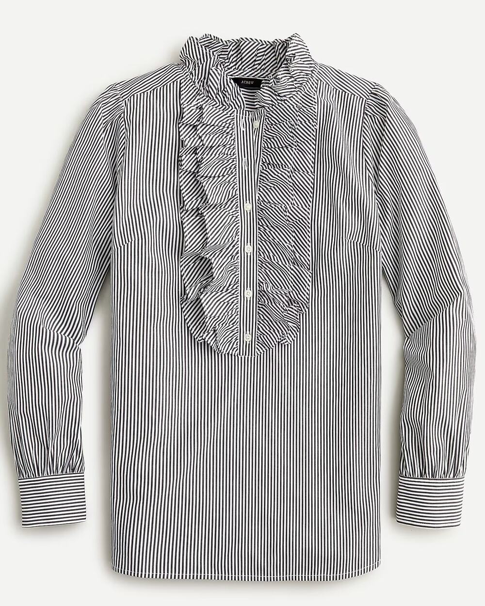 J. Crew Striped Long Sleeve Ruffle-Front Classic-Fit Boy Shirt Black White 2X